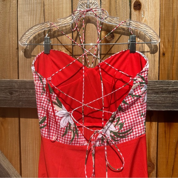 Clara Story Red Strappy Bustier Wide Leg Jumpsuit Floral Gingham Print Top Small - Picture 6 of 8
